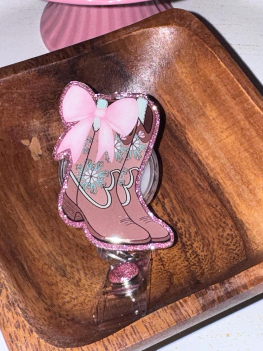 Coquette Bow Boots Badge Reel in Dusty Rose Glitter