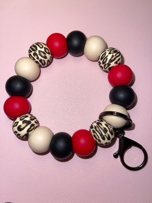 Leopard Print Silicone Wristlet - Leopard, Red, Oatmeal and Black Beads